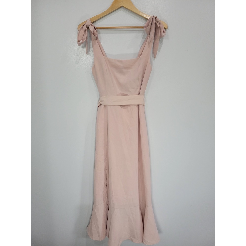 ANRABESS Wedding Guest Crepe Pink Tie Shoulder Smocked Mermaid‎ Midi Dress Small